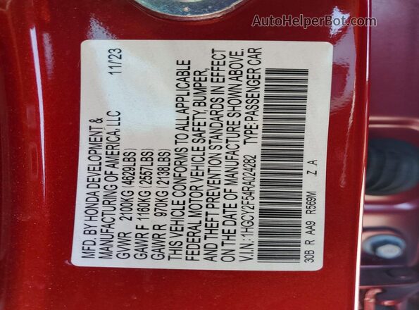 1HGCY2F54RA024282 2024 HONDA ACCORD Red Vista de la etiqueta del VIN
