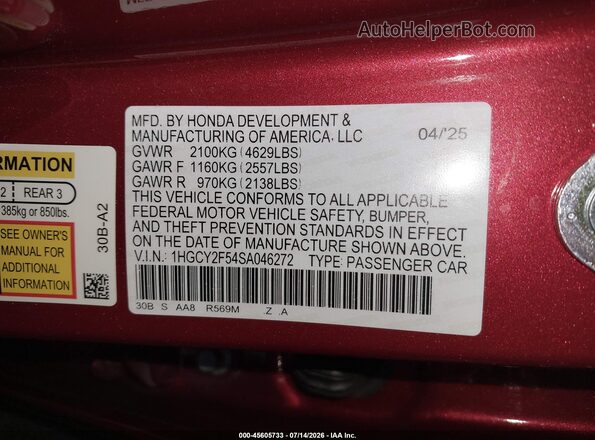 1HGCY2F54SA046272 2025 HONDA ACCORD Red Vista del compartimento del motor
