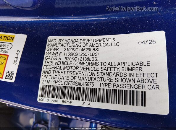 1HGCY2F54SA046675 2025 HONDA ACCORD Blue ძრავის განყოფილების ხედი