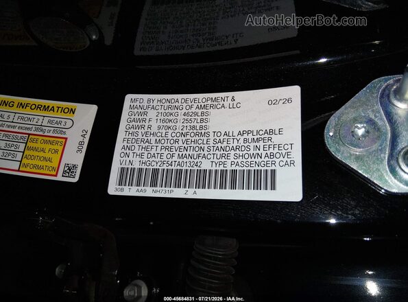 1HGCY2F54TA013242 2026 HONDA ACCORD Black ძრავის განყოფილების ხედი