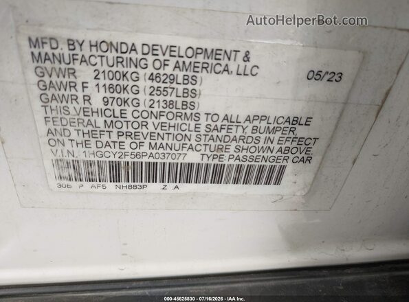 1HGCY2F56PA037077 2023 HONDA ACCORD White Շարժիչի բաժամունքի տեսք