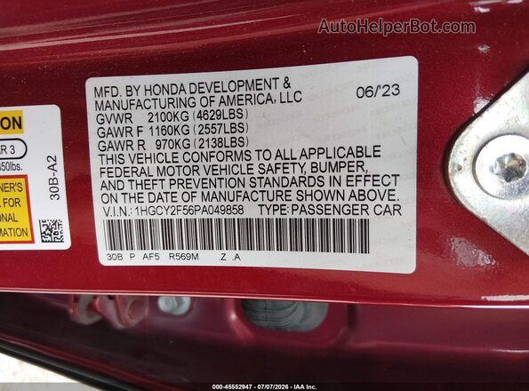 1HGCY2F56PA049858 2023 HONDA ACCORD Red Вид підкапотного простору