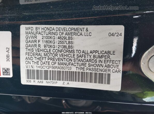 1HGCY2F56RA060703 2024 HONDA ACCORD Black Շարժիչի բաժամունքի տեսք