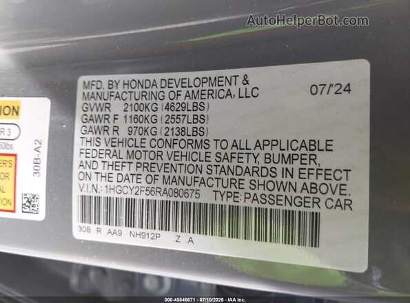 1HGCY2F56RA080675 2024 HONDA ACCORD Gray ძრავის განყოფილების ხედი