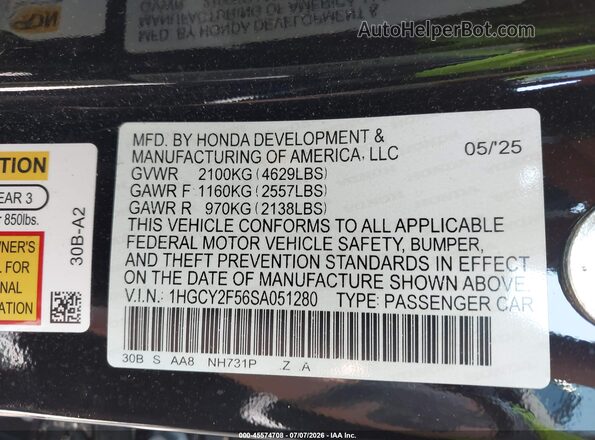 1HGCY2F56SA051280 2025 HONDA ACCORD Black ძრავის განყოფილების ხედი