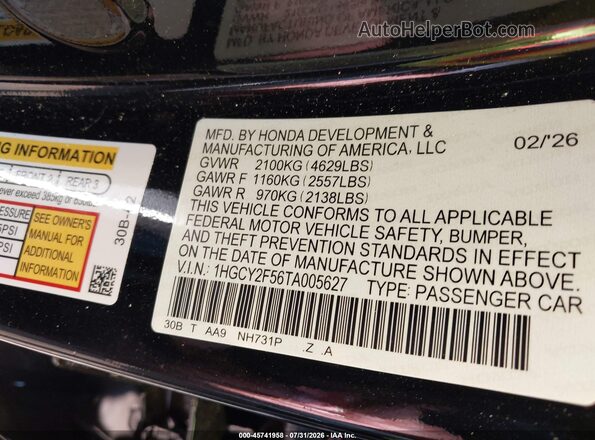 1HGCY2F56TA005627 2026 HONDA ACCORD Black Widok komory silnika
