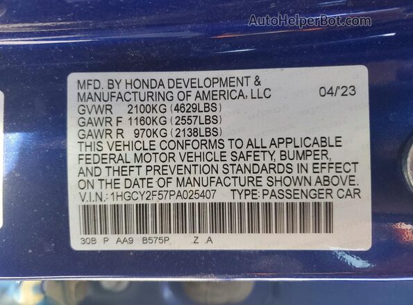1HGCY2F57PA025407 2023 HONDA ACCORD Blue Շարժիչի բաժամունքի տեսք