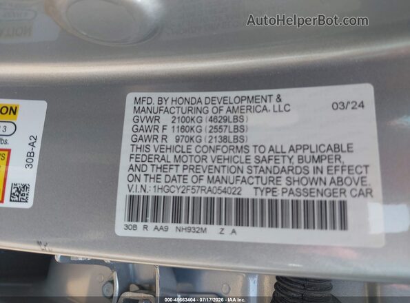 1HGCY2F57RA054022 2024 HONDA ACCORD Silver Շարժիչի բաժամունքի տեսք
