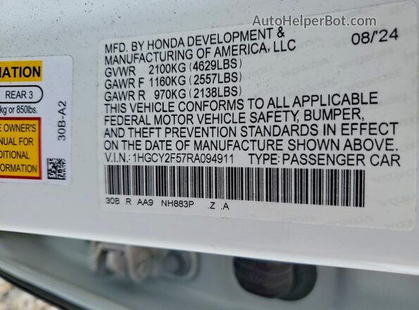 1HGCY2F57RA094911 2024 HONDA ACCORD White ძრავის განყოფილების ხედი
