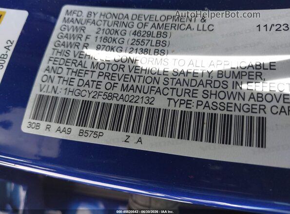 1HGCY2F58RA022132 2024 HONDA ACCORD Blue Engine compartment view