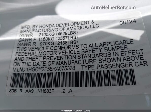 1HGCY2F58RA075378 2024 HONDA ACCORD White Вид підкапотного простору