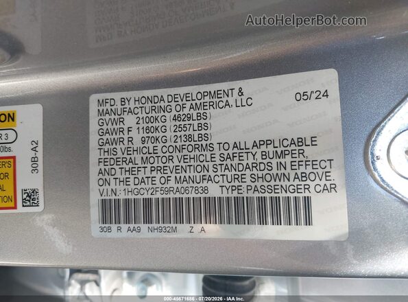 1HGCY2F59RA067838 2024 HONDA ACCORD Silver Widok komory silnika