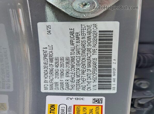1HGCY2F59SA049135 2025 HONDA ACCORD Gray Vista de la etiqueta del VIN