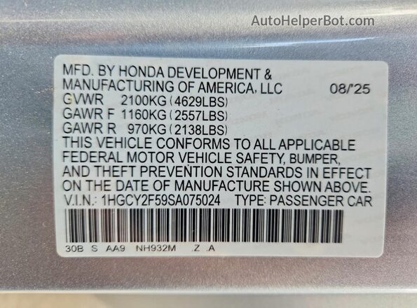 1HGCY2F59SA075024 2025 HONDA ACCORD Silver Вид наклейки з VIN-кодом