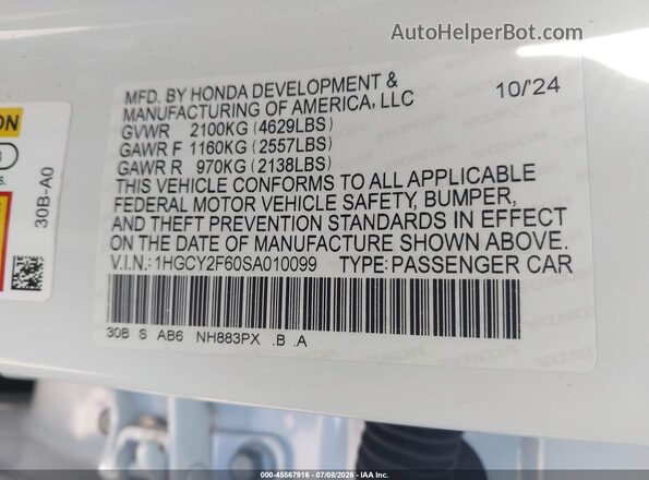 1HGCY2F60SA010099 2025 HONDA ACCORD White ძრავის განყოფილების ხედი