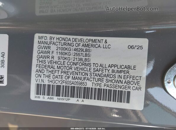 1HGCY2F60SA059853 2025 HONDA ACCORD Gray Вид підкапотного простору