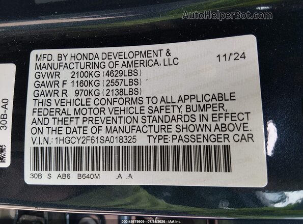 1HGCY2F61SA018325 2025 HONDA ACCORD Blue Vista del compartimento del motor