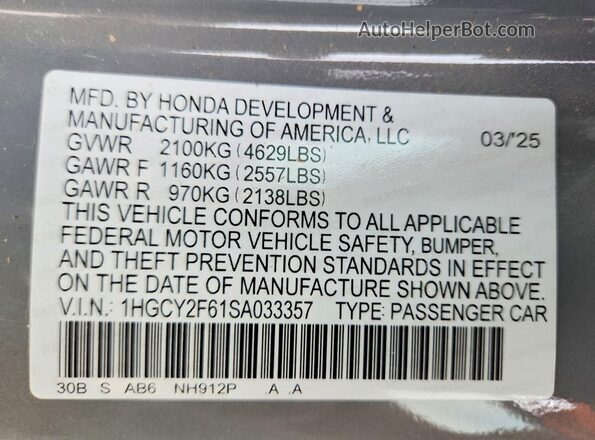 1HGCY2F61SA033357 2025 HONDA ACCORD Gray Widok naklejki z numerem VIN