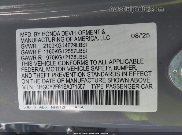1HGCY2F61SA071557 2025 HONDA ACCORD Gray Շարժիչի բաժամունքի տեսք