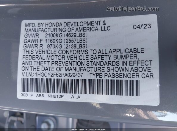 1HGCY2F62PA029437 2023 HONDA ACCORD Gray ძრავის განყოფილების ხედი