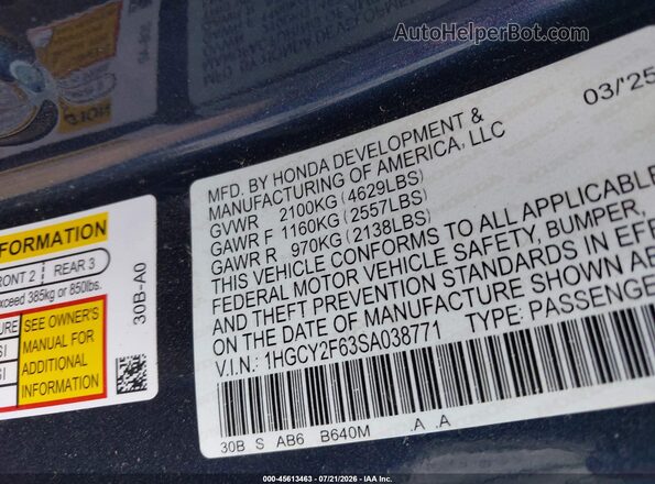 1HGCY2F63SA038771 2025 HONDA ACCORD Blue Vista del compartimento del motor
