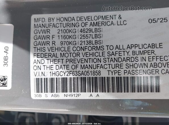 1HGCY2F63SA051858 2025 HONDA ACCORD Серый Вид подкапотного пространства