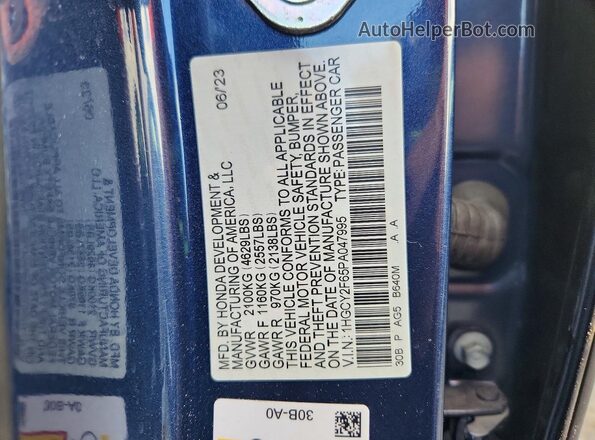 1HGCY2F65PA047995 2023 HONDA ACCORD Blue Widok naklejki z numerem VIN