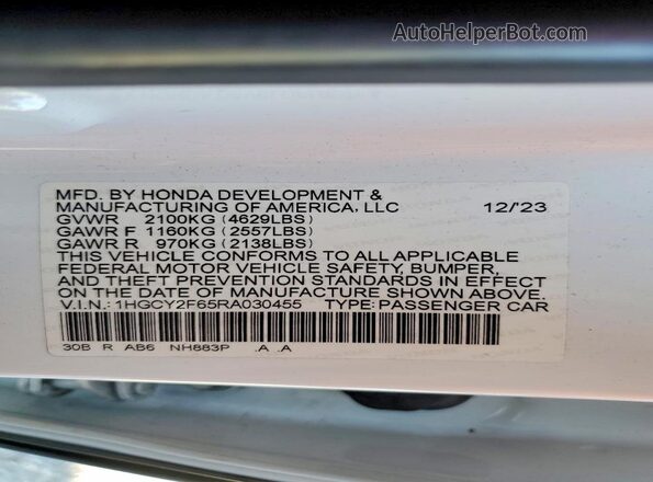 1HGCY2F65RA030455 2024 HONDA ACCORD White VIN կոդի պիտակի տեսք