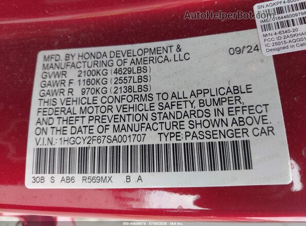 1HGCY2F67SA001707 2025 HONDA ACCORD Red ძრავის განყოფილების ხედი