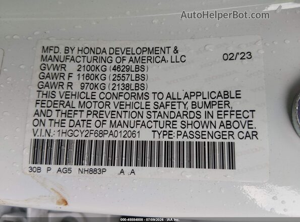 1HGCY2F68PA012061 2023 HONDA ACCORD White Vista del compartimento del motor