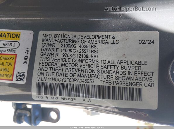 1HGCY2F68RA045953 2024 HONDA ACCORD Gray Engine compartment view