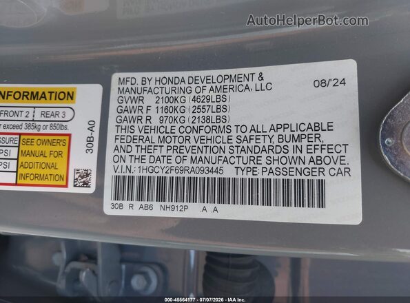 1HGCY2F69RA093445 2024 HONDA ACCORD Серый Вид подкапотного пространства