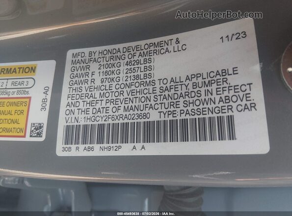 1HGCY2F6XRA023680 2024 HONDA ACCORD Gray Շարժիչի բաժամունքի տեսք