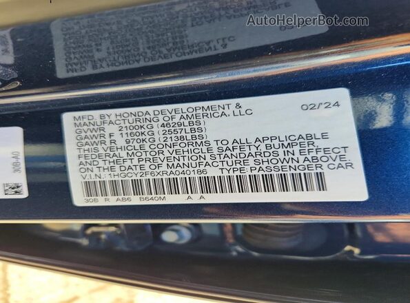 1HGCY2F6XRA040186 2024 HONDA ACCORD Синий Вид наклейки с VIN-кодом
