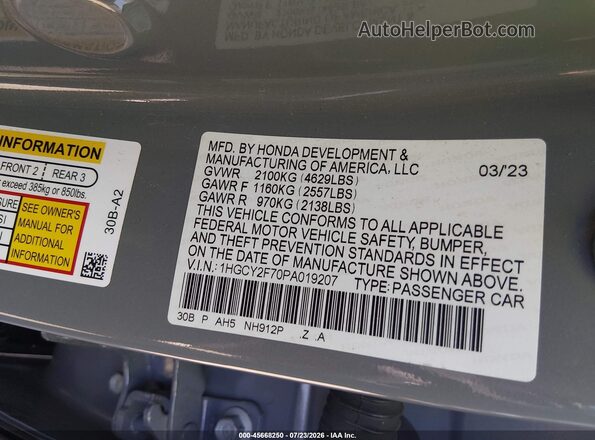 1HGCY2F70PA019207 2023 HONDA ACCORD Blue Widok komory silnika