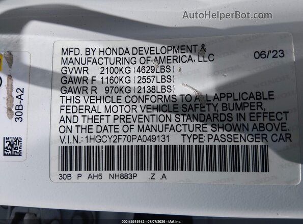1HGCY2F70PA049131 2023 HONDA ACCORD White Vista del compartimento del motor