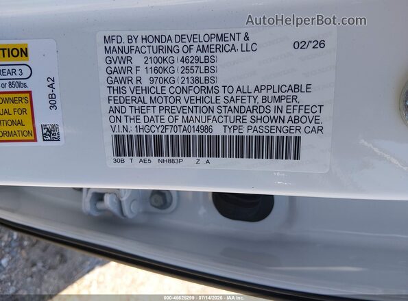 1HGCY2F70TA014986 2026 HONDA ACCORD White Вид підкапотного простору