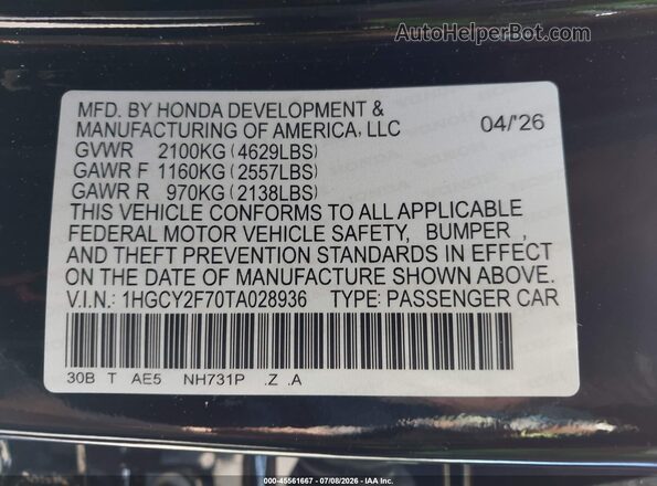 1HGCY2F70TA028936 2026 HONDA ACCORD Black Շարժիչի բաժամունքի տեսք