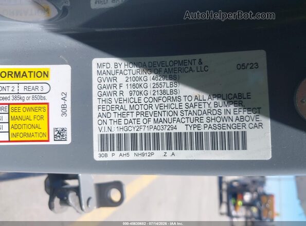 1HGCY2F71PA037294 2023 HONDA ACCORD Gray Engine compartment view