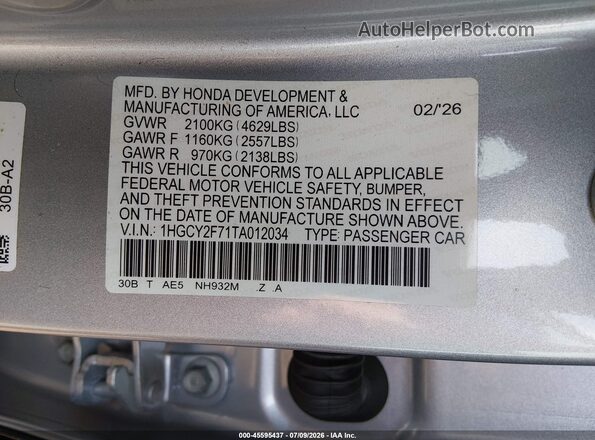 1HGCY2F71TA012034 2026 HONDA ACCORD Silver Widok komory silnika