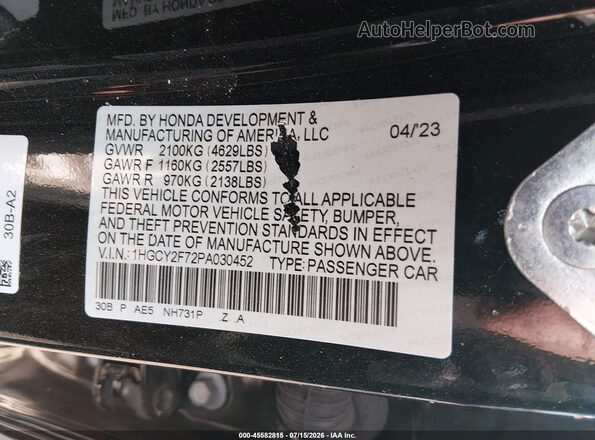 1HGCY2F72PA030452 2023 HONDA ACCORD Черный Вид подкапотного пространства