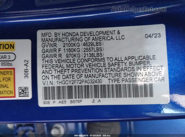 1HGCY2F72PA032430 2023 HONDA ACCORD Blue Vista del compartimento del motor