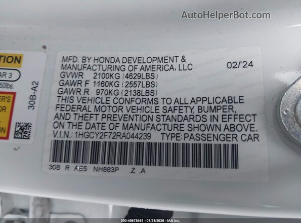 1HGCY2F72RA044239 2024 HONDA ACCORD White ძრავის განყოფილების ხედი