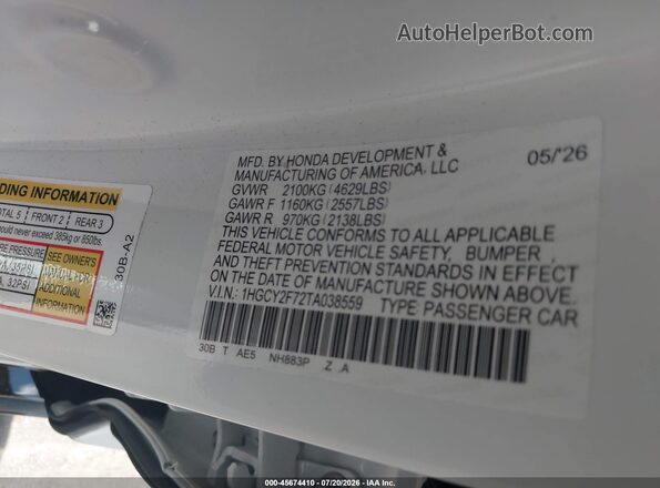 1HGCY2F72TA038559 2026 HONDA ACCORD Белый Вид подкапотного пространства
