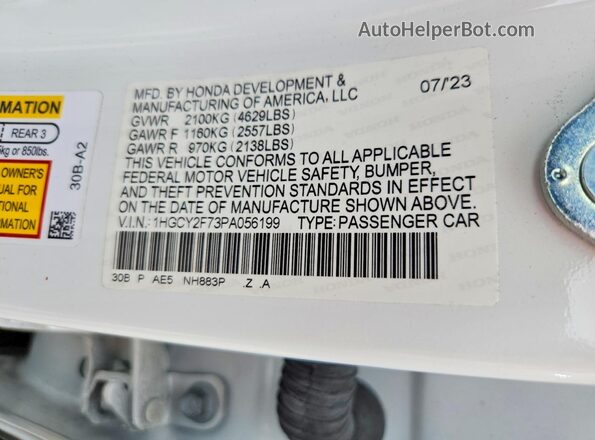1HGCY2F73PA056199 2023 HONDA ACCORD White ძრავის განყოფილების ხედი