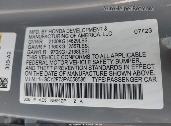 1HGCY2F73PA058535 2023 HONDA ACCORD Gray ძრავის განყოფილების ხედი