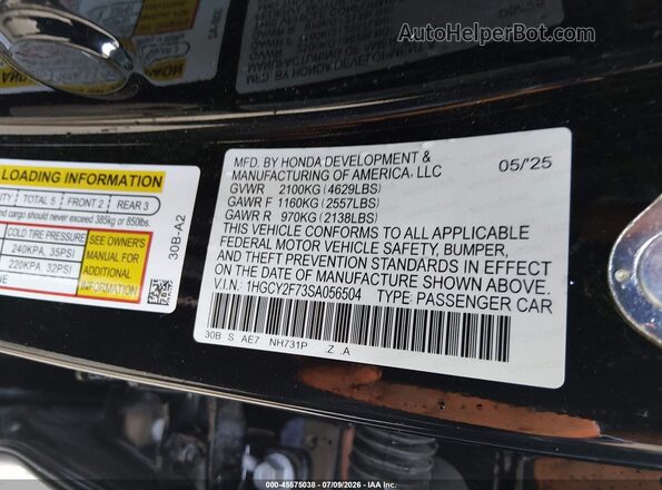 1HGCY2F73SA056504 2025 HONDA ACCORD Black Вид підкапотного простору