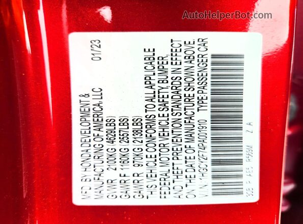 1HGCY2F74PA001910 2023 HONDA ACCORD Red VIN sticker view