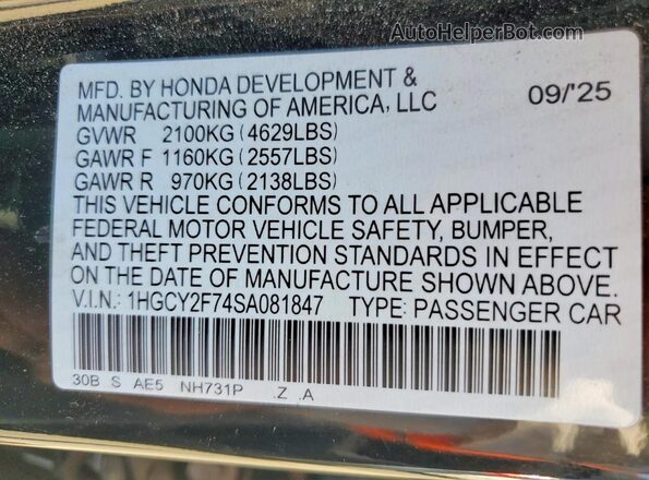1HGCY2F74SA081847 2025 HONDA ACCORD Black Widok naklejki z numerem VIN