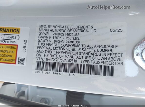 1HGCY2F75SA052518 2025 HONDA ACCORD White Vista del compartimento del motor